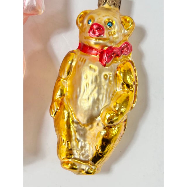 Late 20th Century Vintage German Glass Pig & Teddy Bear Christmas Ornaments – Pair For Sale - Image 5 of 9