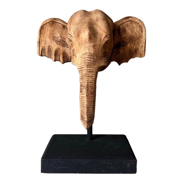 Vintage Carved Wood Elephant Head on a Pedestal Decorative Accent For Sale