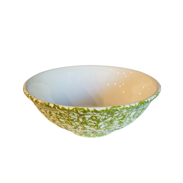 Pottery Barn Large Vintage Italian Green Spongeware Stoneware Bowl | 13.25” Classical Schizzato Spatterware Serving Bowl | Rustic Farmhouse Ceramic Décor For Sale - Image 4 of 8