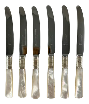 1920s Marhill of New York Mother of Pearl and Sterling Silver Spreaders, a Set of Six
