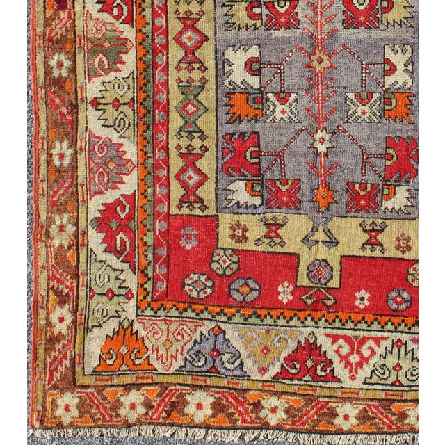 Tribal Colorful Antique Turkish Small Oushak Carpet in Multi Layered Design For Sale - Image 3 of 7