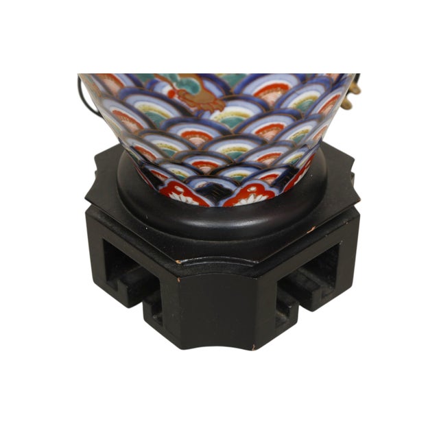 Wood Mid 20th Century Hand Painted Komainu Ceramic Table Lamps - a Pair For Sale - Image 7 of 7