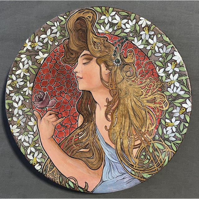 Art Nouveau Painted Terracotta Plate in the style of Alphonse Mucha, 1920s For Sale - Image 11 of 11