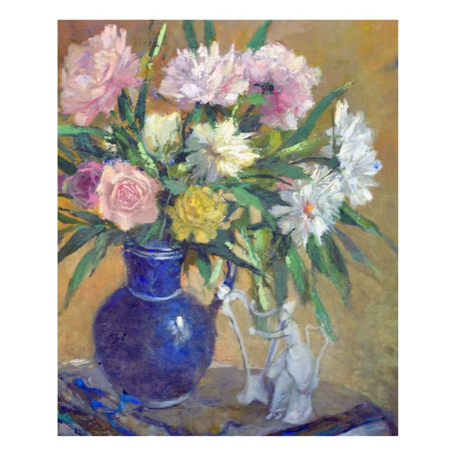 Impressionist Mid Century Roses With Blue Vase Still Life by Virgi Cokelberghs For Sale - Image 3 of 6