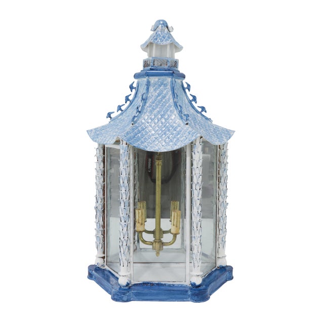 Chinese A Pair of Vintage Brighton Blue and White Chinese-Style Pagoda Wall Lamps For Sale - Image 3 of 17