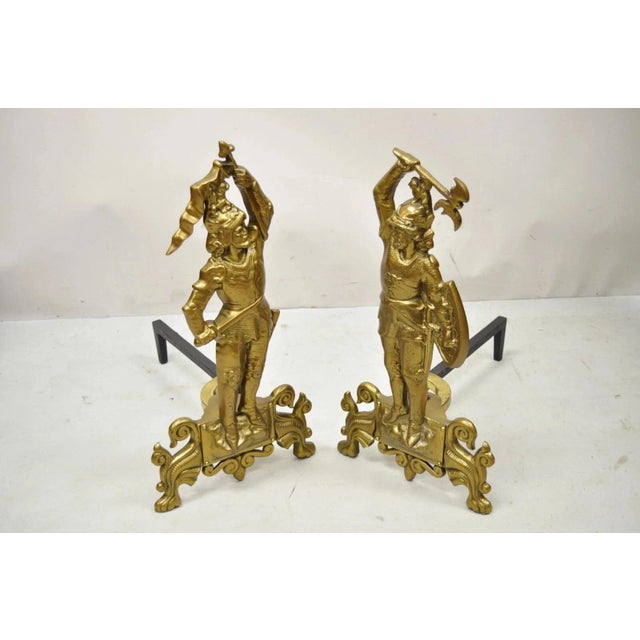 Vintage Renaissance Style Brass Figural Soldier Warrior Fireplace Andirons - a Pair. Item features cast brass figural...