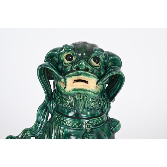 Ceramic Large Antique Chinese Glazed Green Ceramic Lion Foo Dog, Early 20th Century For Sale - Image 7 of 16