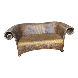Genuine Leather Wicker Sofa Loveseat Settee With Scroll Arms & Woven Leather Seat For Sale