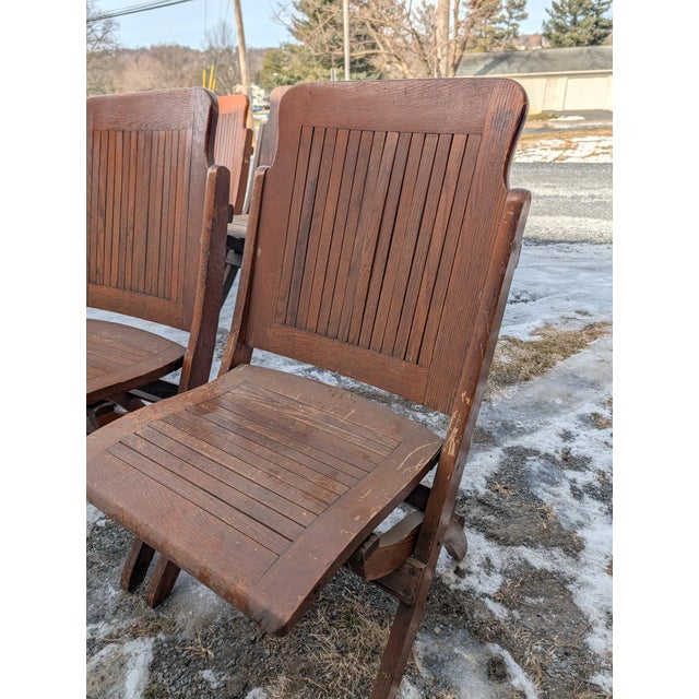 Antique Quartersawn Oak Folding Chairs, Steamboat Theater Seating, Set of 12 For Sale - Image 9 of 18