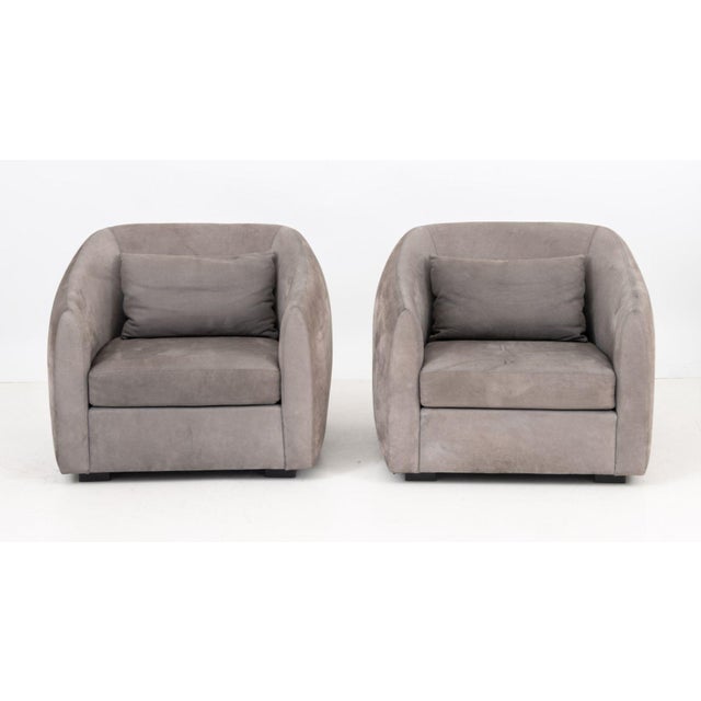 Pair of Modern Style Gray Suede Upholstered Tub Chairs. 30" H x 31.5" W x 35" D; seat: 16.5" H. Provenance: From a 157...