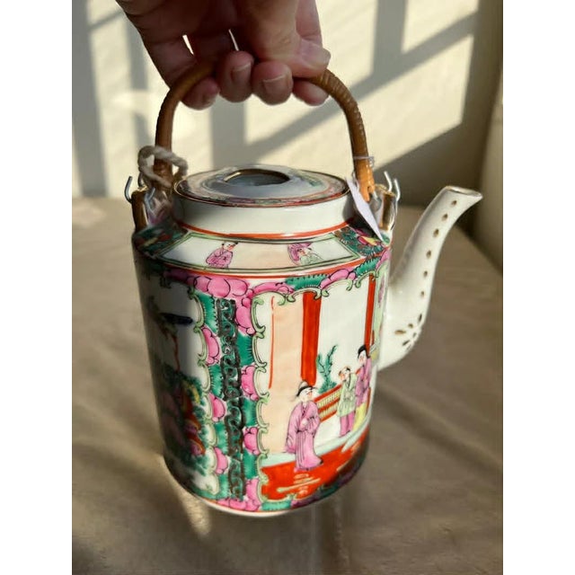 Rose Rose Medallion Chinese Woven Tea Basket With 2 Cups & a Teapot, Antique For Sale - Image 8 of 10