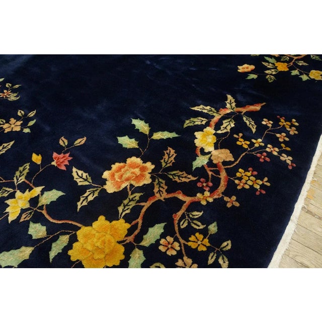 1920s Navy Blue Floral Tree Antique Chinese Art Deco Carpet 8' 10'' X 11' 7'' Knotted Wool Rug For Sale - Image 9 of 9