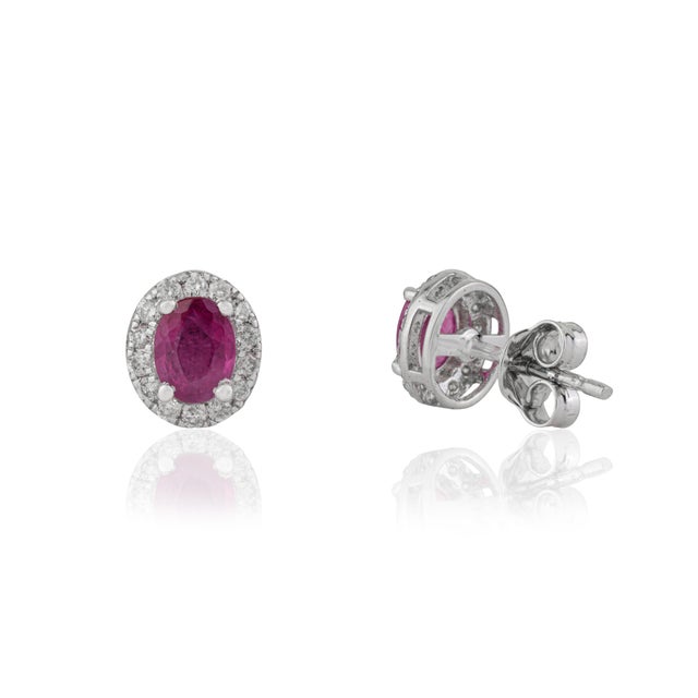 Metal 18k White Gold Natural Oval-Cut Vivid Red Ruby & Diamond Halo Stud Earrings- A Pair For Sale - Image 7 of 15