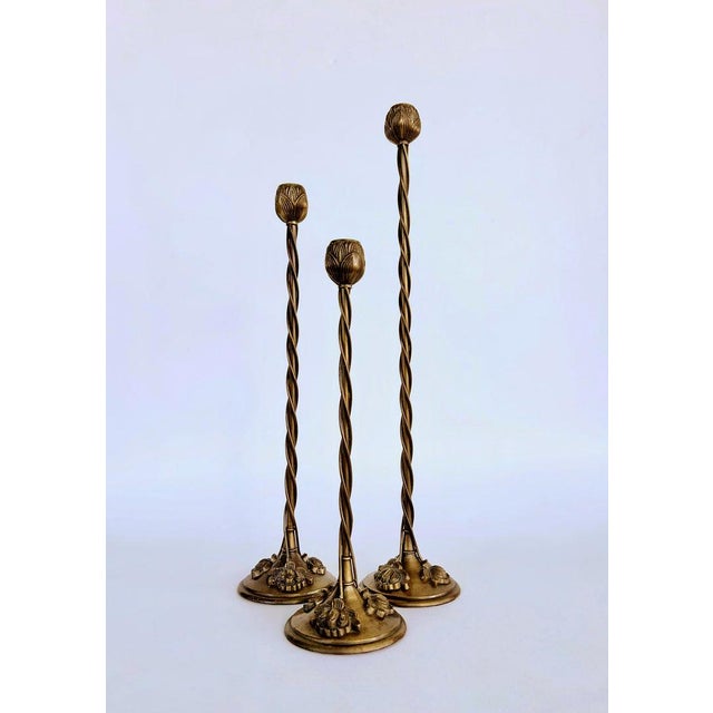 Vintage Bronze Candlesticks, Vines and Lotus Flowers, Set of 3 For Sale In Miami - Image 6 of 6