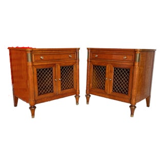 1960's Kindel French Regency Louis XVI Walnut Nightstands With Lattice Doors For Sale