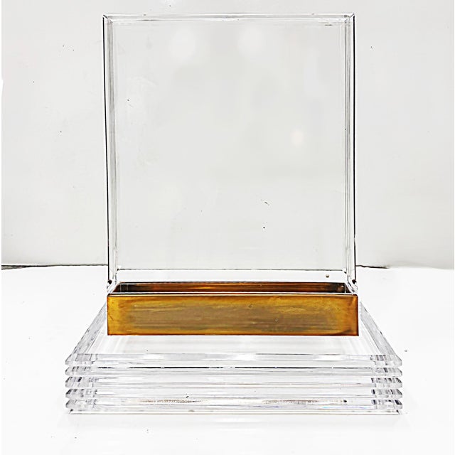 Mid-Century Modern Substantial Lucite and Brass Dining Table, Etched Glass Top For Sale - Image 3 of 9