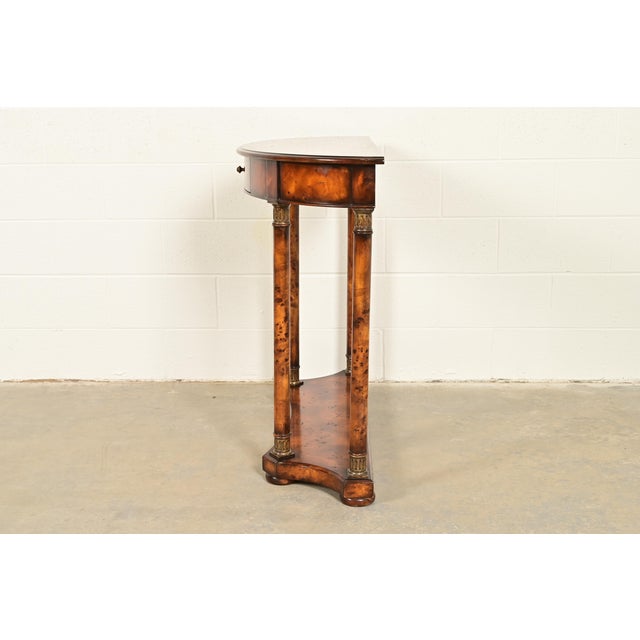 Maitland Smith Style French Empire Burl Wood and Gold Gilt Demilune Console Table For Sale - Image 12 of 15