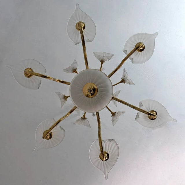 Metal Mid-Century Murano Lattimo and Brass Chandelier, Italy, 1970s For Sale - Image 7 of 9