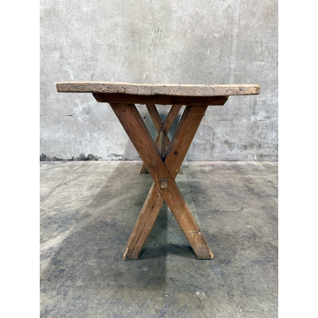Antique Swedish Pine Sawbuck Console Table X Base Trestle Scrubbed Primitive 79 For Sale In San Francisco - Image 6 of 7