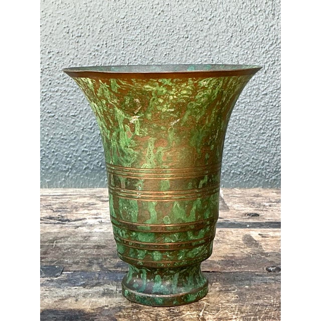 Verdigris Vintage Carl Sorenson Art Deco Trumpet Bronze Vase For Sale - Image 8 of 12