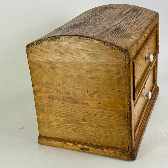 Antique Wooden Two Drawer Tabletop Cabinet With Dome Treasure Chest Top in Golden Brown For Sale In New York - Image 6 of 16
