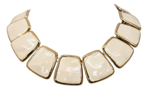 Vintage Signed Monet "Contempora" Goldtone Ivory Enamel Plaques Collar Necklace, 1973 Ad Piece