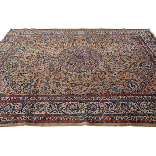 Brown Vintage Kashan Handmade Wool Rug With Rosette Motif For Sale - Image 4 of 8