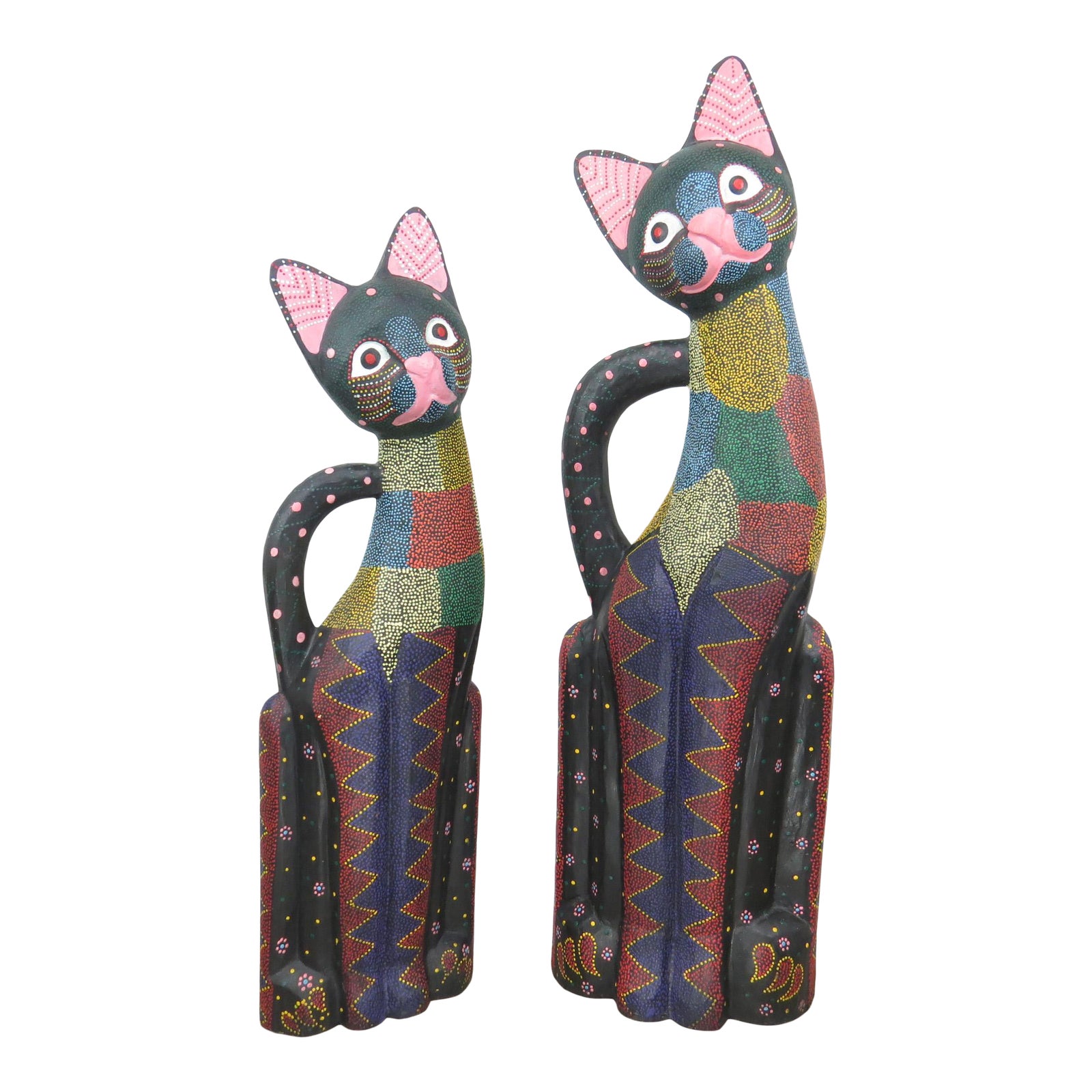 Vintage Large Balinese Hand Carved and Hand Painted Wooden Cat Sculptures Set of 2 Chairish
