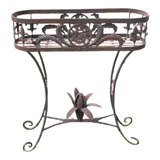 Vintage Metal Jardinière Planter Stand With Fleur-De-Lis Accents | French Country Garden Decor For Sale