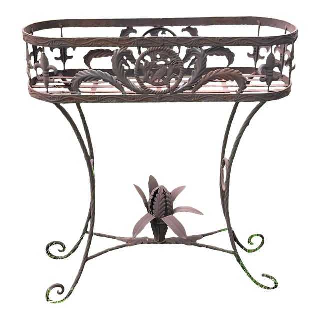 Vintage Metal Jardinière Planter Stand With Fleur-De-Lis Accents | French Country Garden Decor For Sale