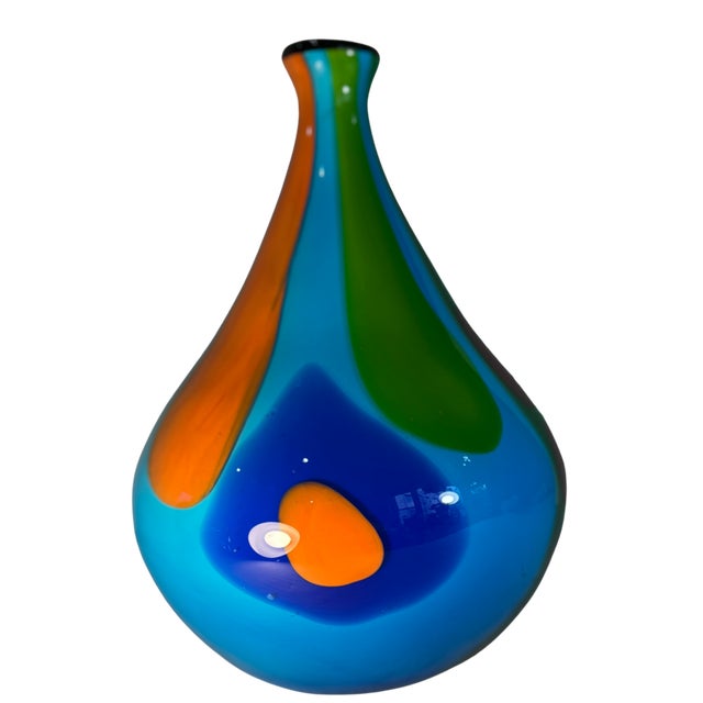 Contemporary 13+ In. Tall Murano Style Multicolor Tear Shaped Art Glass Vase For Sale - Image 3 of 16