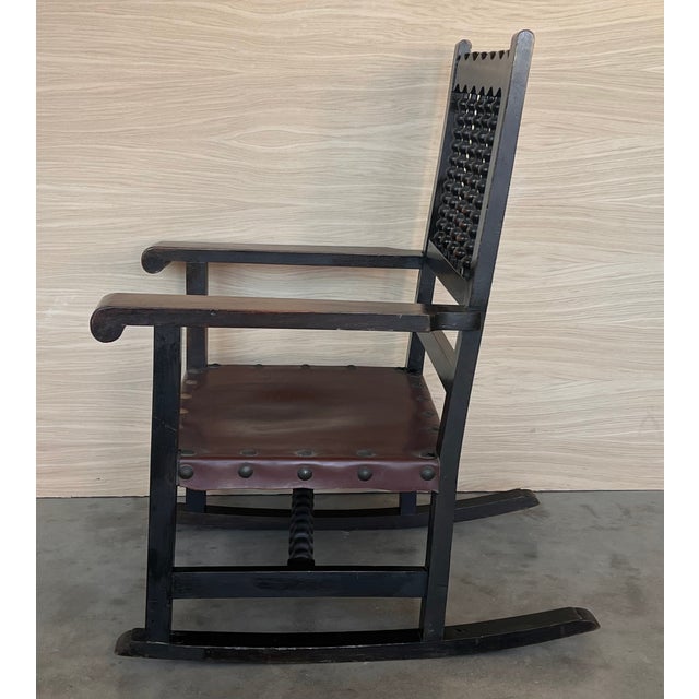 19th Century Spanish Pair of Rocking Carved Armchairs With Leather Seat & Back For Sale - Image 6 of 12