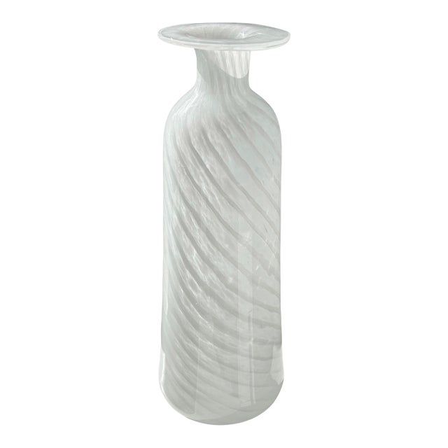 Vintage Murano Hand Blown Lattimo Art Glass Vase – White Spiral Swirl Italian Glass, Tall Sculptural Form For Sale