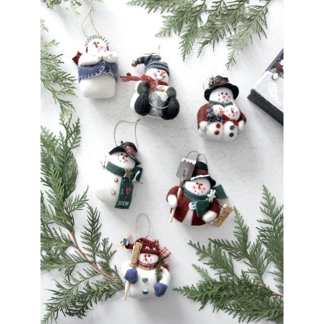 1990s Vintage Felt Snowman Christmas Ornaments Set of 6 With Box For Sale - Image 5 of 11