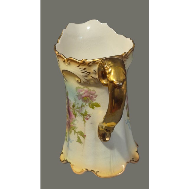 English Antique Royal Devon S.& F. Co. England Hand Painted Floral Gilded Pitcher 6'' For Sale - Image 3 of 8