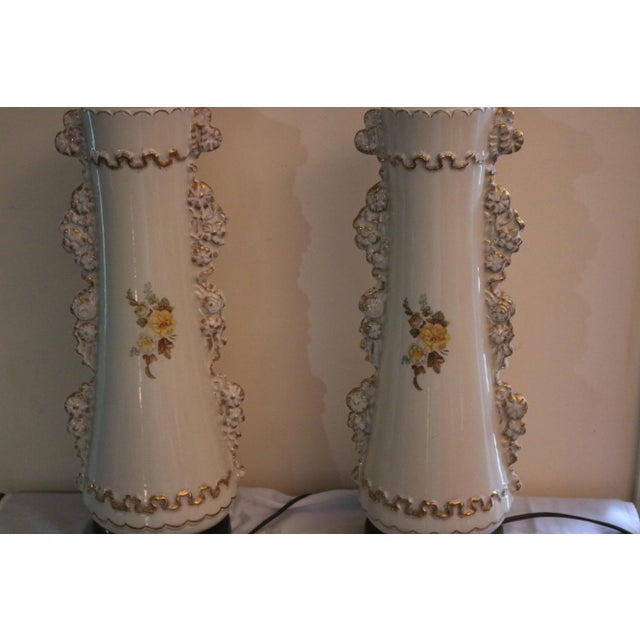1930s Rembrandt Art Deco White Floral Porcelain Table Lamps - A Pair For Sale - Image 9 of 13