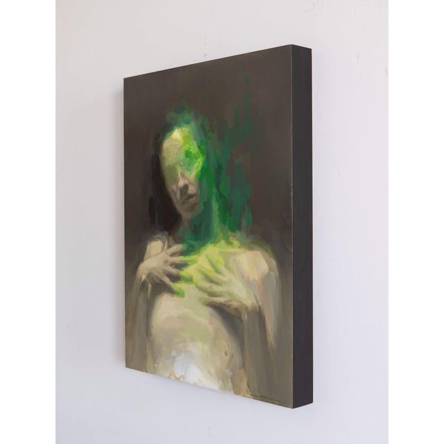 Contemporary Seed by Josh Sorrell | Oil on Panel Abstract figure with green hues and blurred features. For Sale - Image 3 of 5