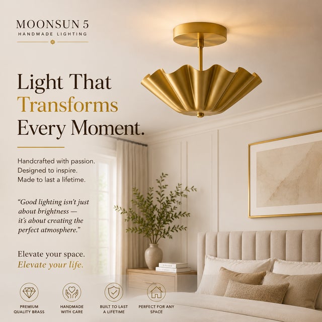 Gold Scalloped Brass Flush Mount Ceiling Light, Mid Century Modern Brass Ceiling Fixture, Flower Shade Semi Flush Light for Bedroom Hallway Foyer For Sale - Image 8 of 8