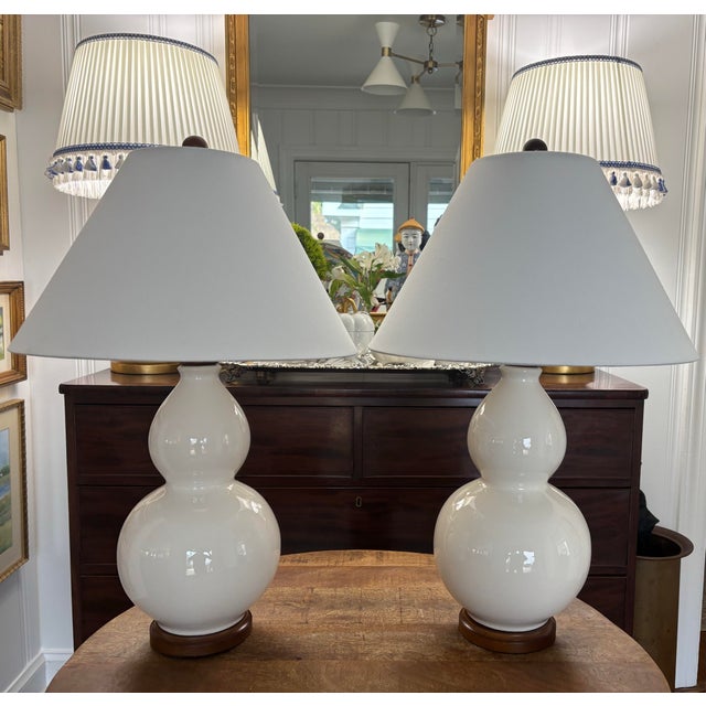 Wood Lauren Ralph Lauren Creamy Off White Crackle Glaze Double Gourd Lamps With Shades, a Pair For Sale - Image 7 of 7