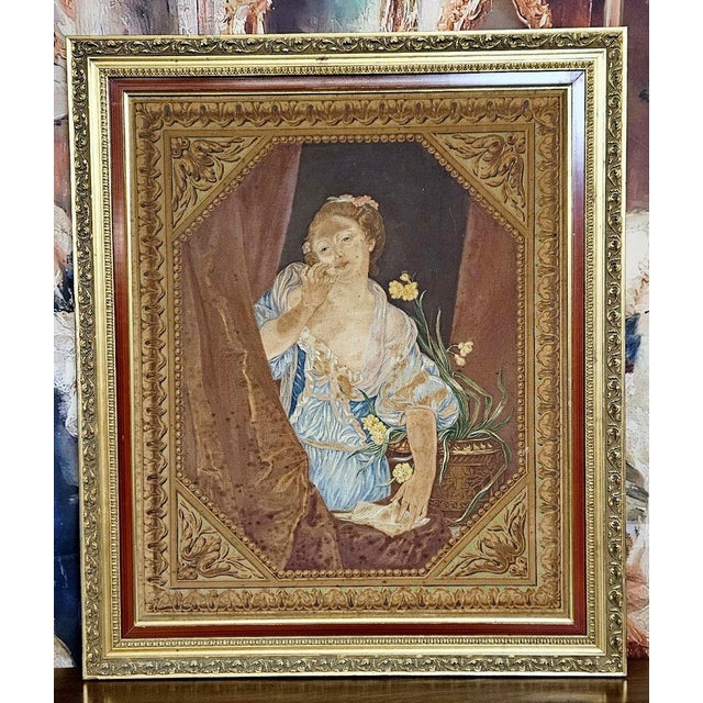 After Greuze: Antique painting, a print on canvas depicting a young woman at a window in a refined and inviting setting....