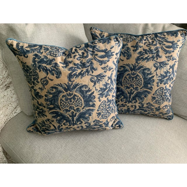 Lauren Ralph Lauren Pair Vintage Lauren Ralph Lauren Decorative Pillow Landing Damask Blue Scroll Design 18” X 18” For Sale - Image 4 of 12