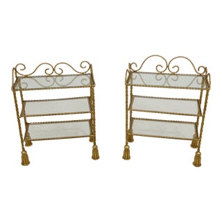 Pair Italian Rope & Tassel Forged Iron Gold Occasional Tables For Sale
