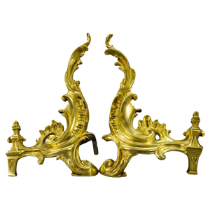 French Rococo Style Gilt Bronze and Iron Firedogs, 1890s, Set of 2