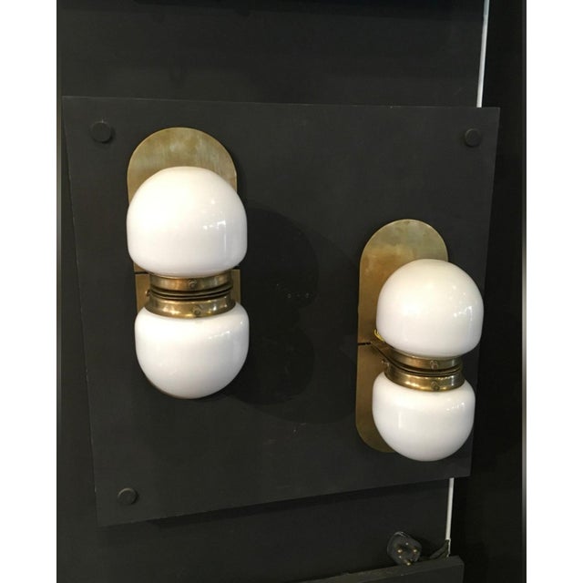 Art Deco 1940s Pair Vintage Art Deco Light Old Lamp Wall Sconces Fixture Brass & Milk Glass Shade Lamp Ship Light For Sale - Image 3 of 5