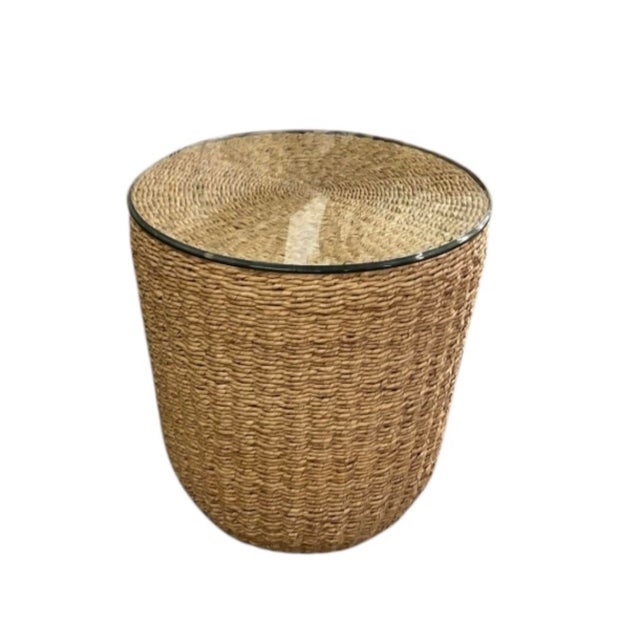 Contemporary Handcrafted Woven Seagrass Drum Side Table With Glass Top For Sale - Image 3 of 12