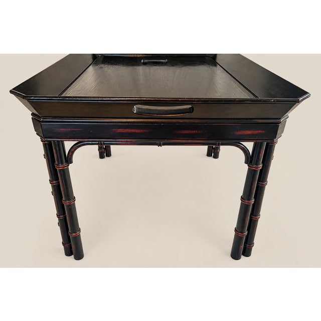 Wood Vintage Baker Furniture Faux Bamboo With Fretwork Asian Chinoiserie Tray Table For Sale - Image 7 of 10