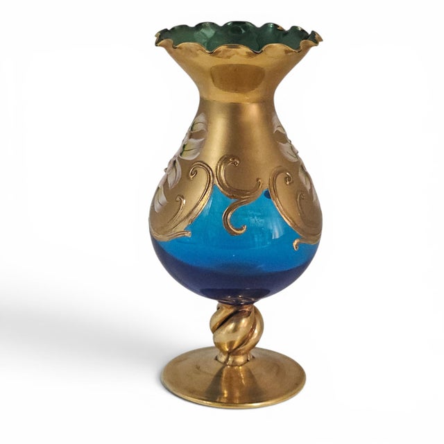 Victorian Mid-Century Venetian Hand-Blown Art Glass Cabinet Vase With Tre Fuochi Enamel 6" For Sale - Image 3 of 10