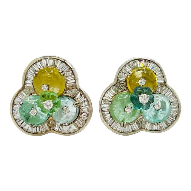 Mid 20th Century Multi Color Tourmaline Bead and White Diamond Earrings in 14k White Gold - 2 Pieces For Sale