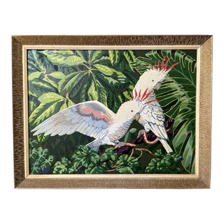 1950s Hand Painted Large Tropical White Cockatiels Parrots in Tree Painting For Sale