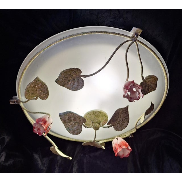 1990s Florentine Ceiling Lamp with Colored Metal Flower Frame and Frosted Glass Shade, 1990s For Sale - Image 5 of 9